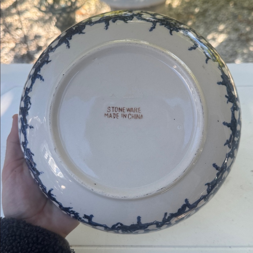 Vintage Blue Spongeware Stoneware Bowl 10.5" Mixing Serving Farmhouse Rustic - Picture 2 of 2